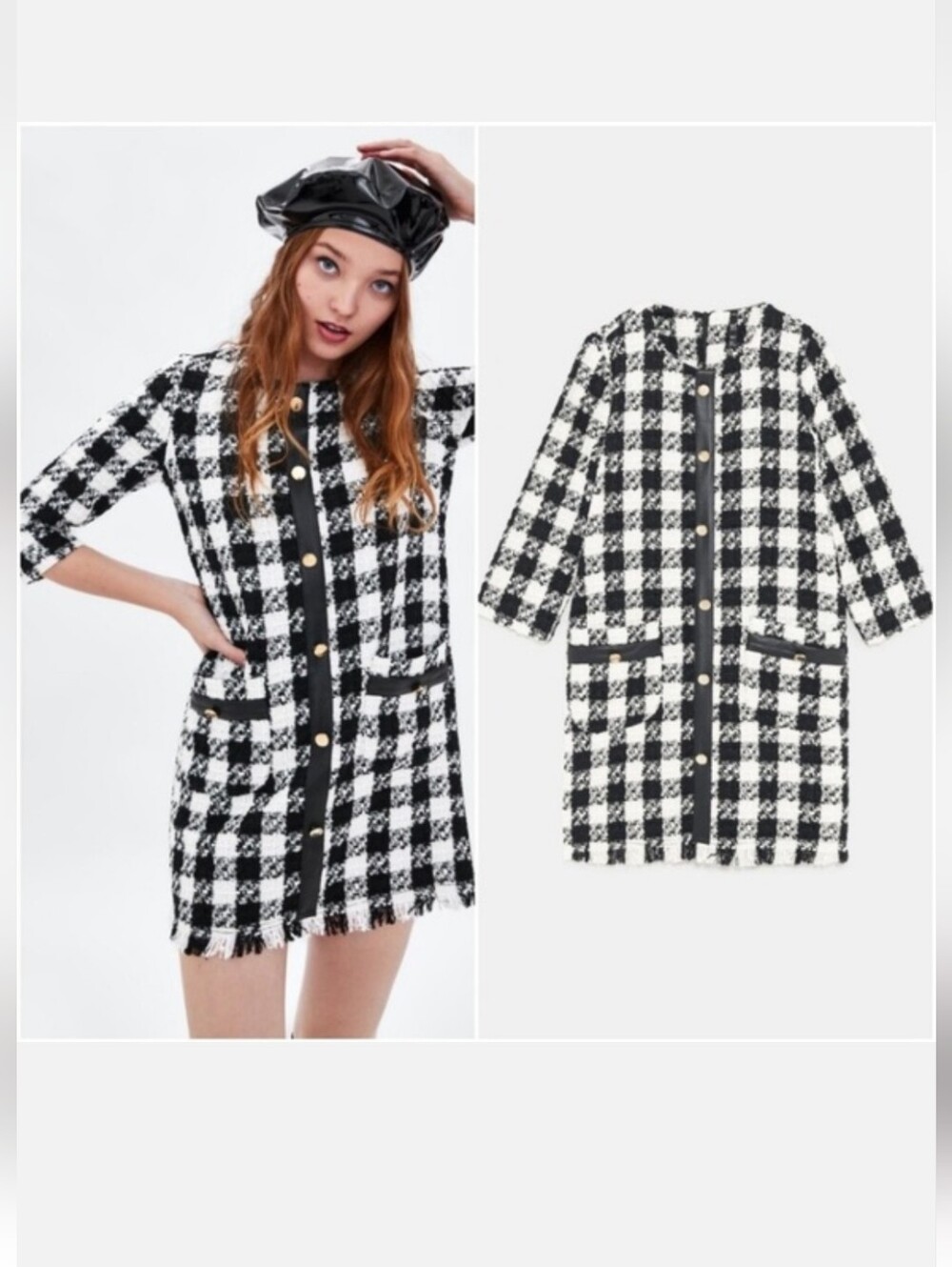 Zara Black and White Check Tweed Mini Dress
